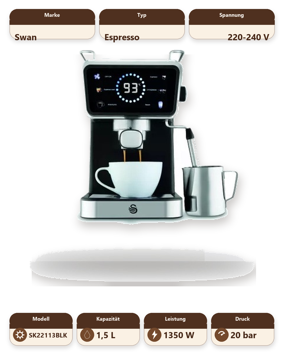 Swan Pump Espresso Digital Coffee Machine - Black