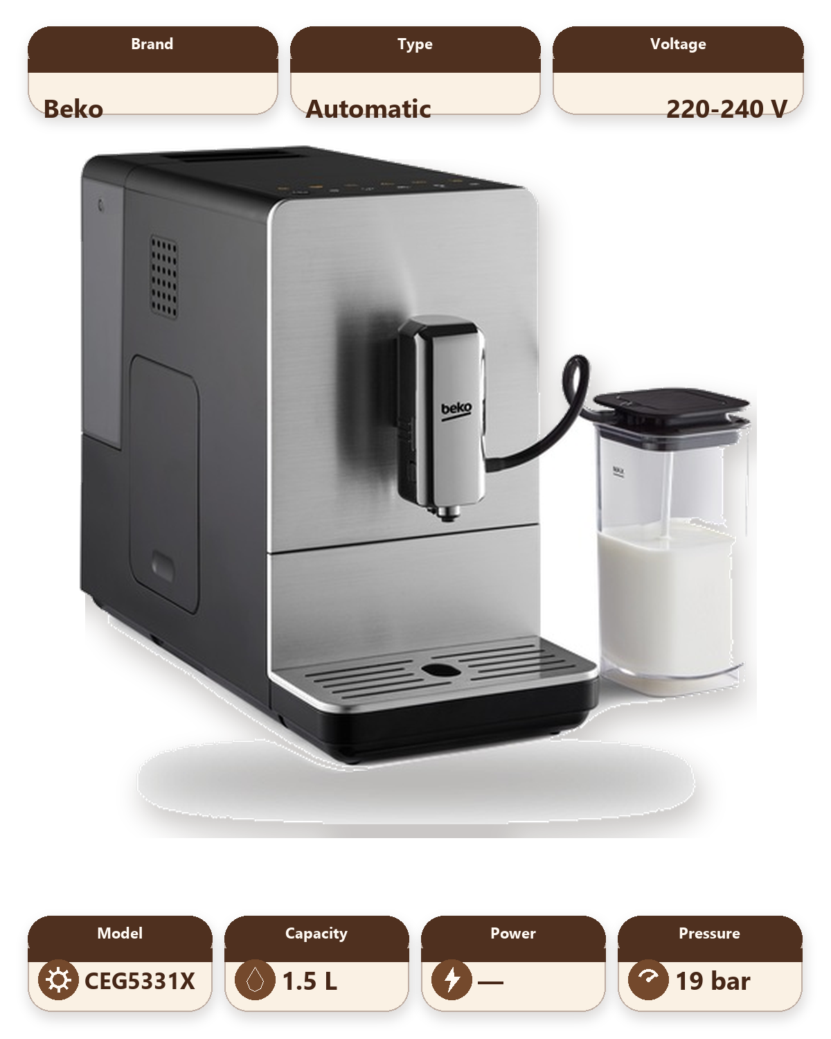 Bean to Cup Coffee Machine with Integrated Milk Cup - Stainless Steel
