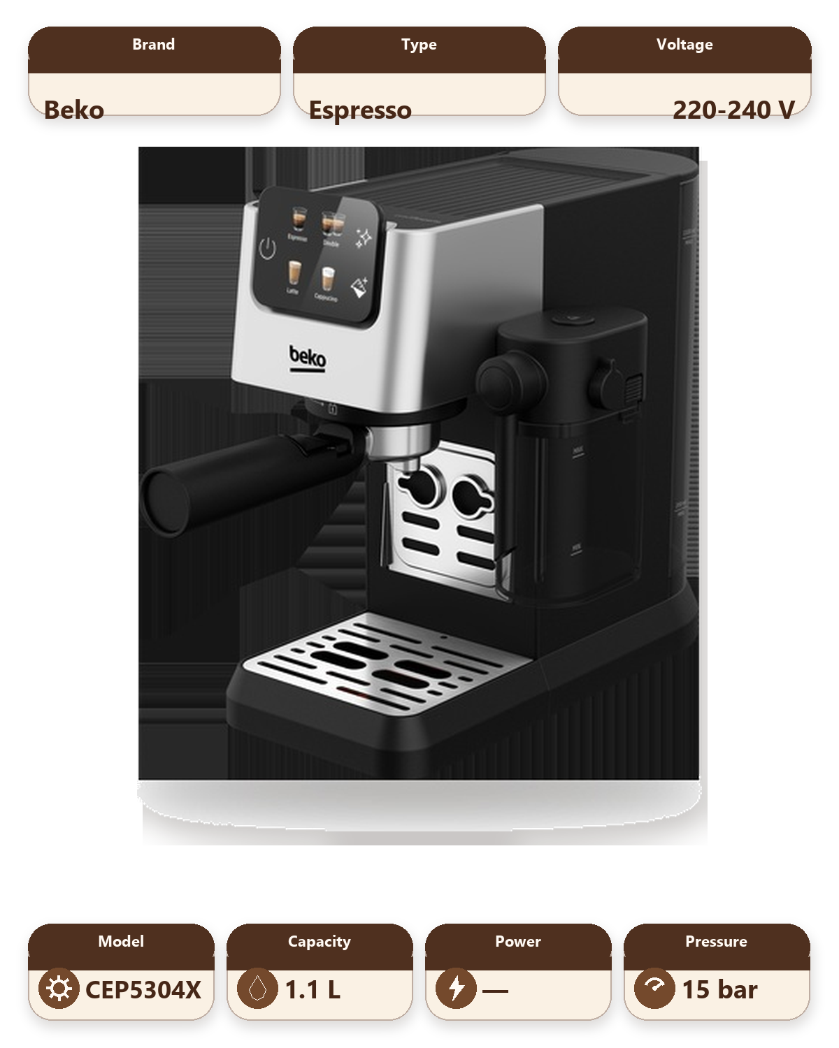 CaffeExperto Semi Automatic Espresso Coffee Machine with Integrated Milk Jug - Silver