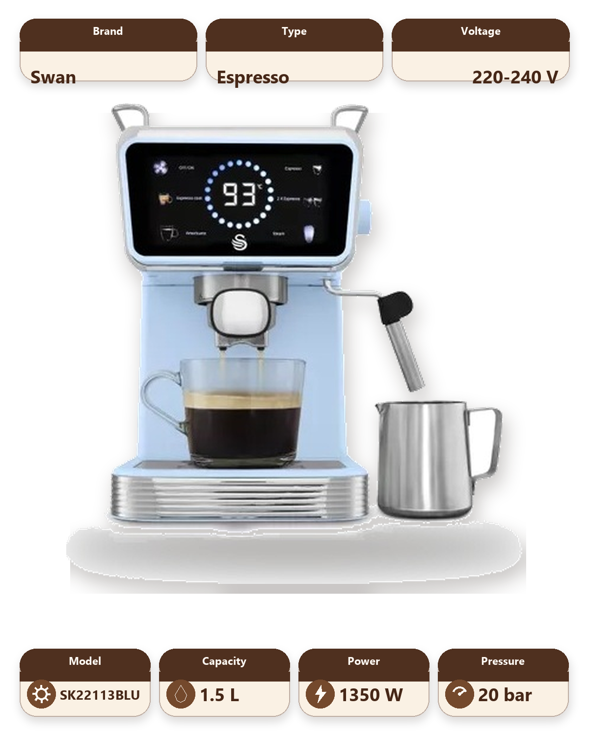 Swan Retro Pump Espresso Digital Coffee Machine - Blue
